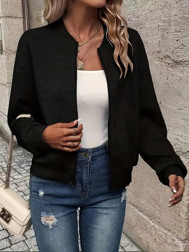 Textured Knit Zip-Up Bomber Jacket for Women