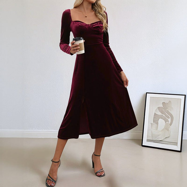 Women's Velvet Long-Sleeve A-Line Midi Dress