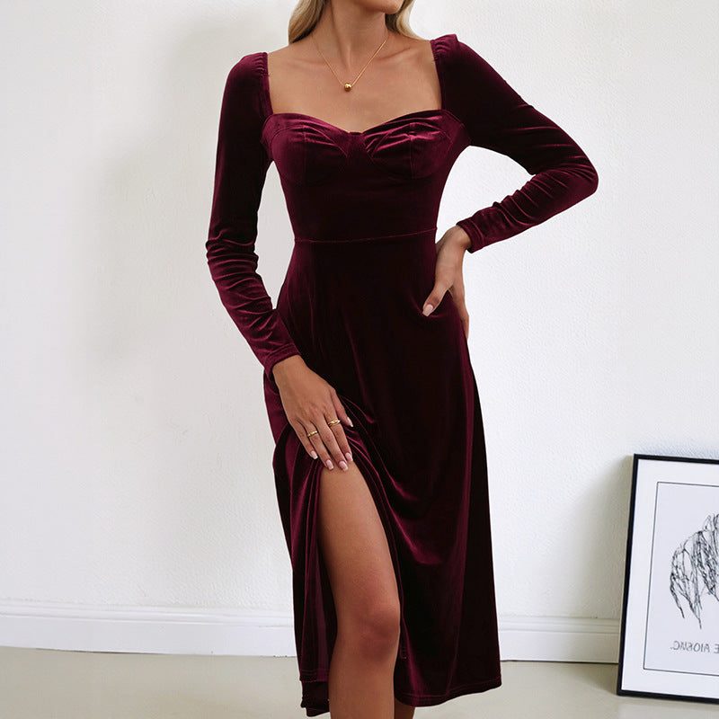 Women's Velvet Long-Sleeve A-Line Midi Dress