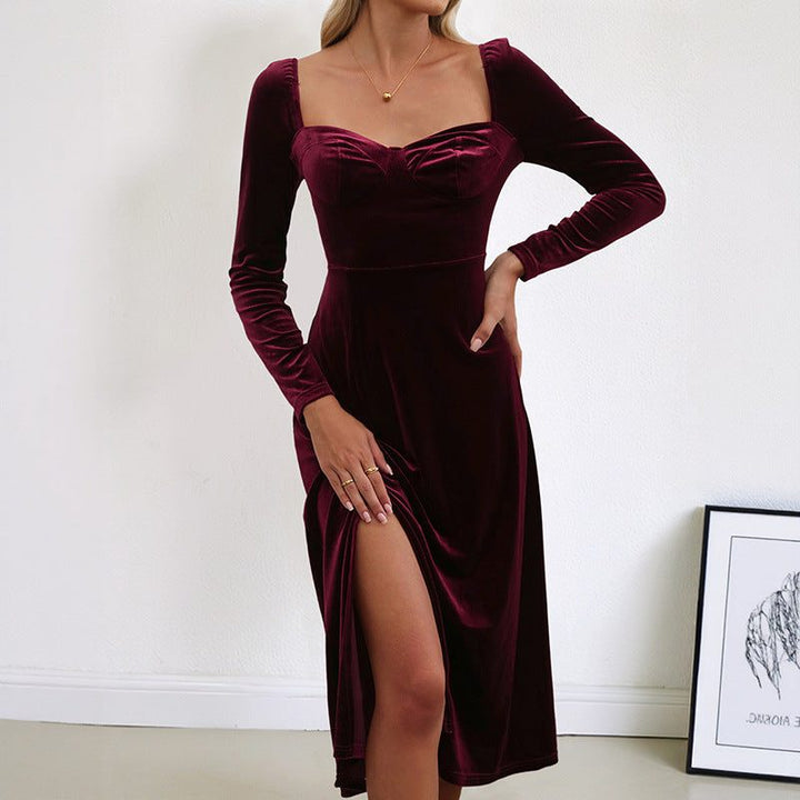Women's Velvet Long-Sleeve A-Line Midi Dress
