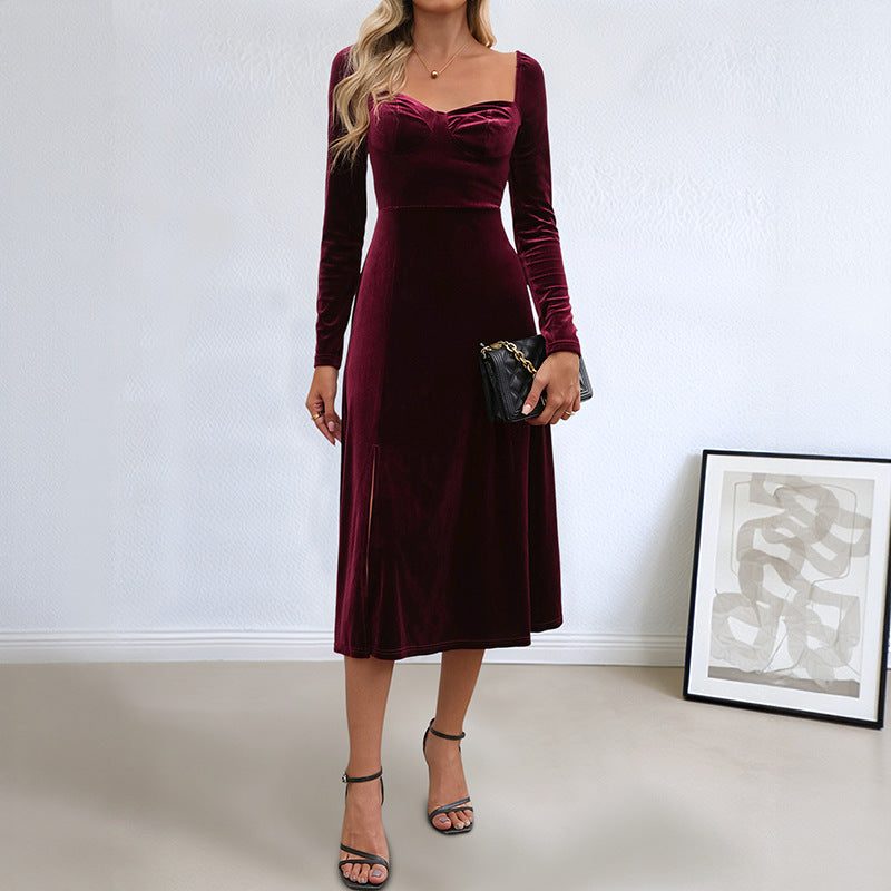 Women's Velvet Long-Sleeve A-Line Midi Dress