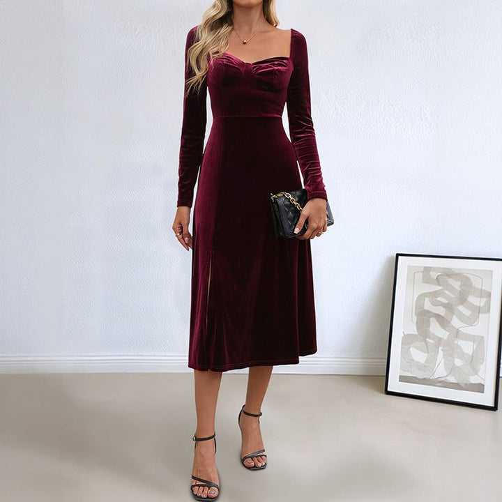 Women's Velvet Long-Sleeve A-Line Midi Dress
