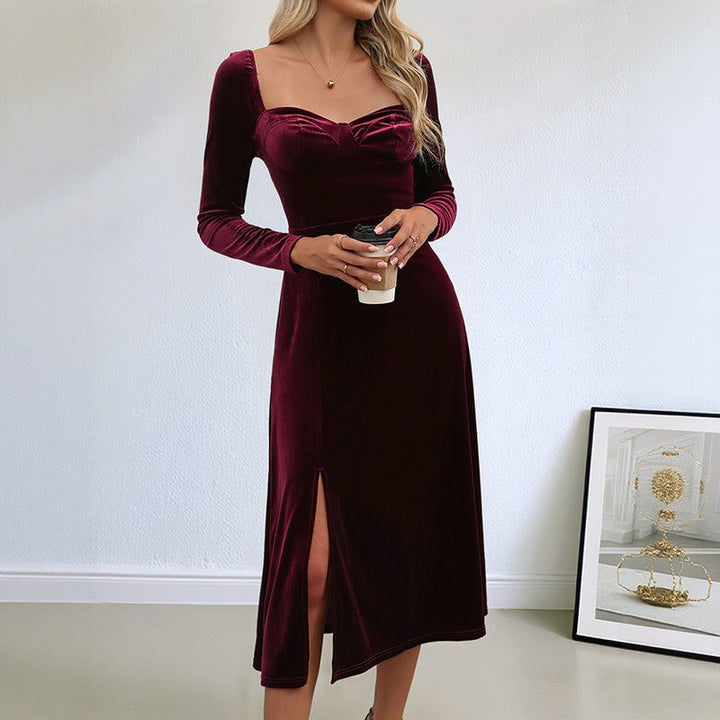 Women's Velvet Long-Sleeve A-Line Midi Dress