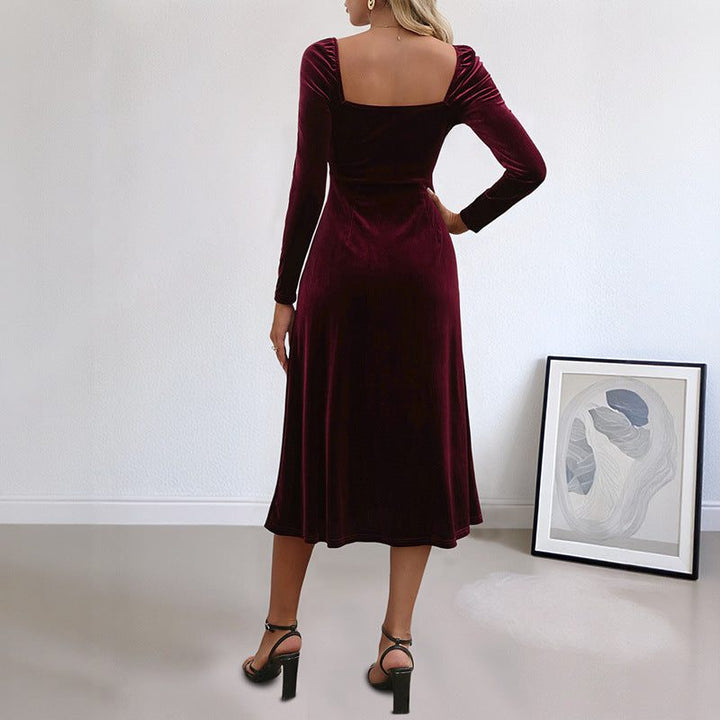Women's Velvet Long-Sleeve A-Line Midi Dress