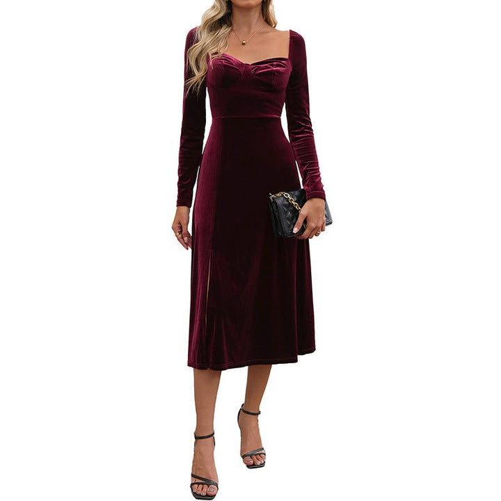 Women's Velvet Long-Sleeve A-Line Midi Dress