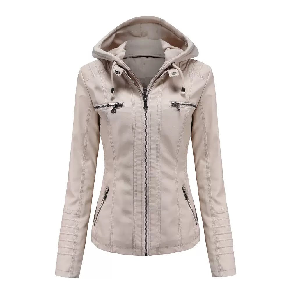 Women's Faux Leather Hooded Moto Jacket
