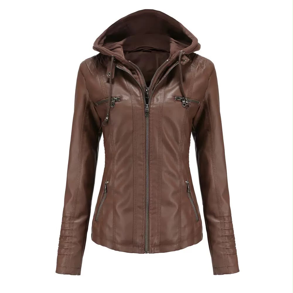 Women's Faux Leather Hooded Moto Jacket