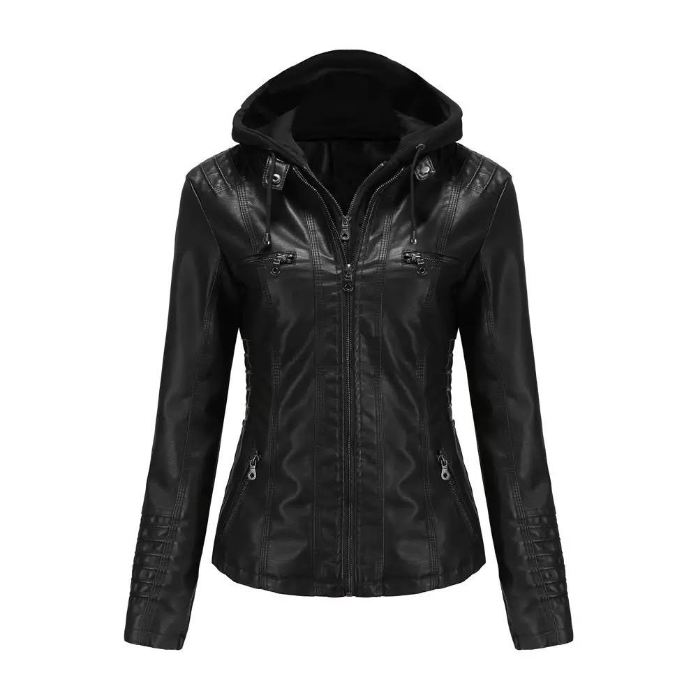 Women's Faux Leather Hooded Moto Jacket