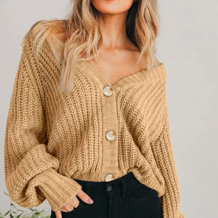 Women's Autumn Chunky Knit Cardigan with Balloon Sleeves