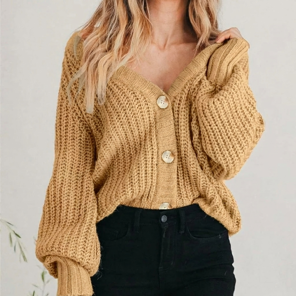 Women's Autumn Chunky Knit Cardigan with Balloon Sleeves