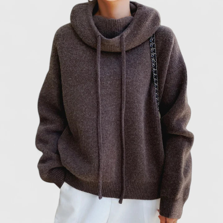 Knit Sweater Hoodie with Drawstring and Ribbed Trim
