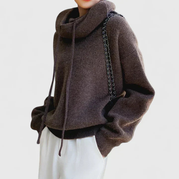 Knit Sweater Hoodie with Drawstring and Ribbed Trim