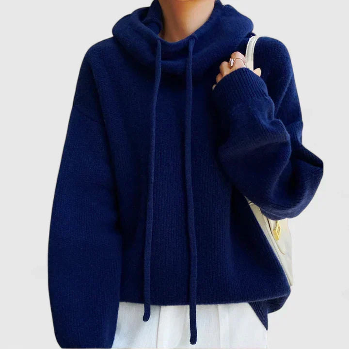 Knit Sweater Hoodie with Drawstring and Ribbed Trim