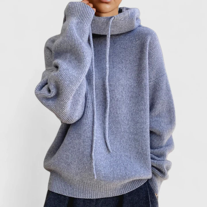 Knit Sweater Hoodie with Drawstring and Ribbed Trim