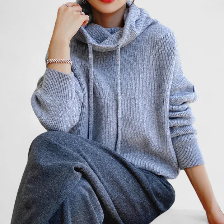 Knit Sweater Hoodie with Drawstring and Ribbed Trim