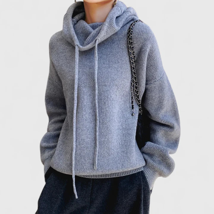 Knit Sweater Hoodie with Drawstring and Ribbed Trim