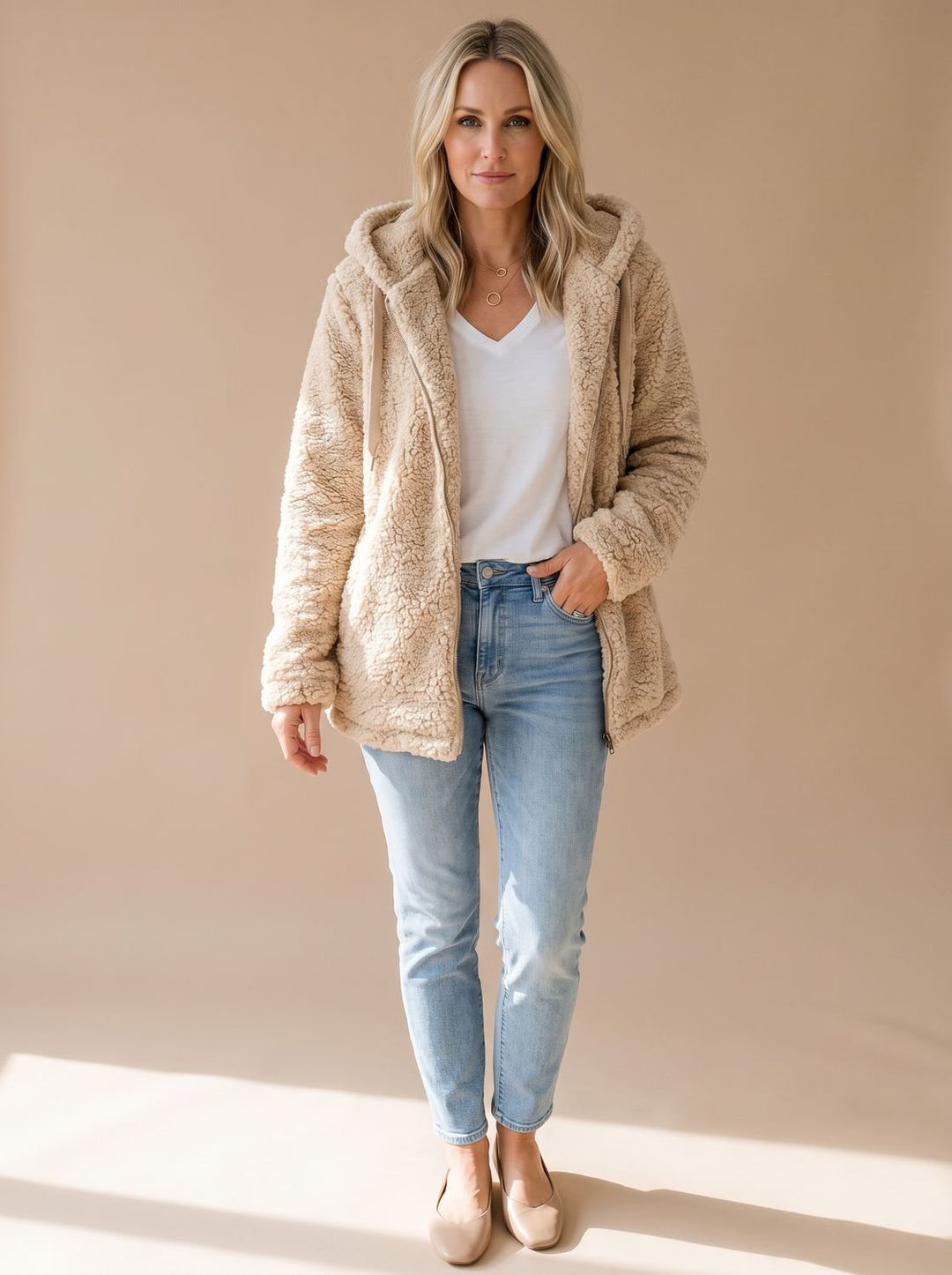 Women's Relaxed Fuzzy Teddy Coat with Hood and Zip