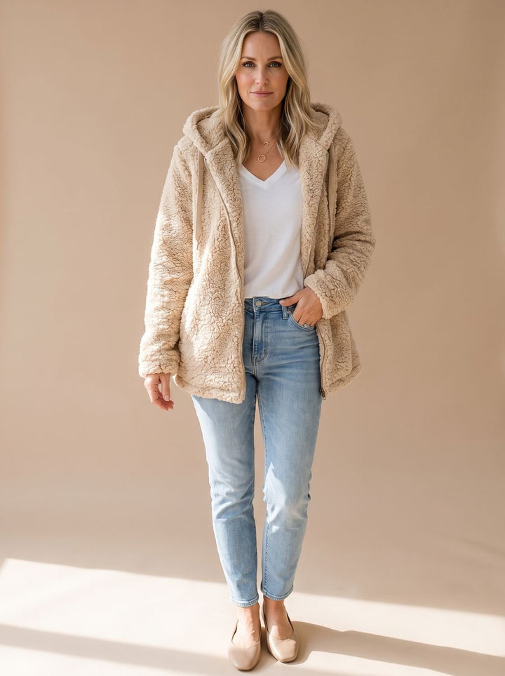 Women's Relaxed Fuzzy Teddy Coat with Hood and Zip