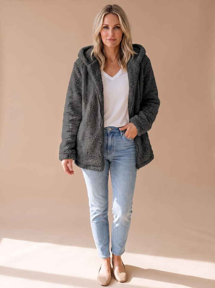 Women's Relaxed Fuzzy Teddy Coat with Hood and Zip
