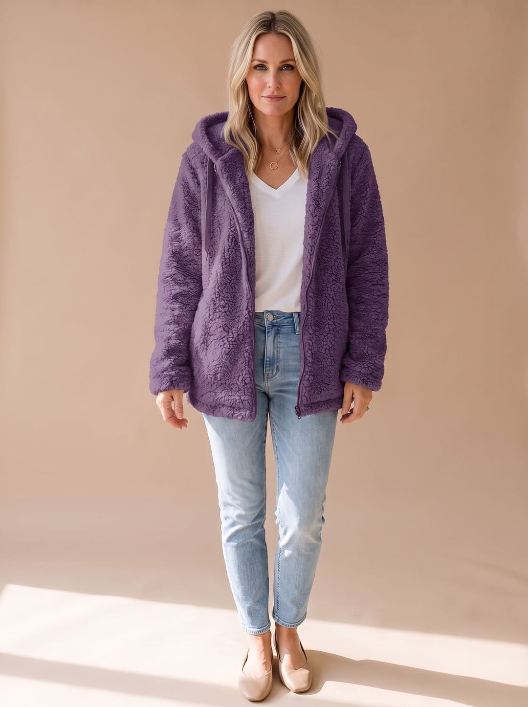 Women's Relaxed Fuzzy Teddy Coat with Hood and Zip