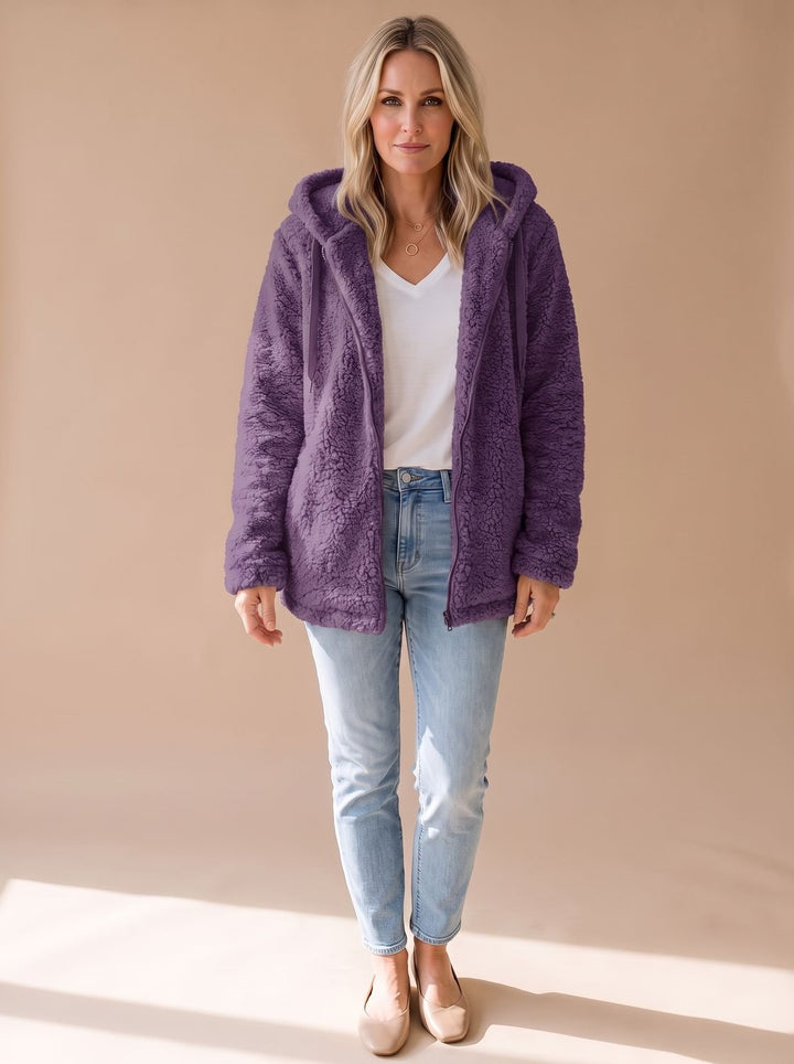 Women's Relaxed Fuzzy Teddy Coat with Hood and Zip