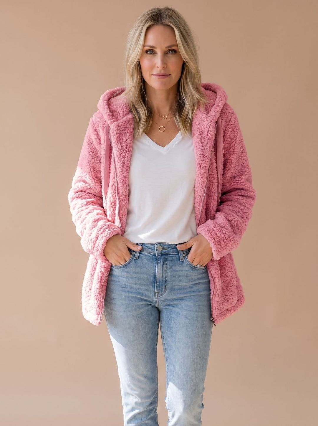 Women's Relaxed Fuzzy Teddy Coat with Hood and Zip