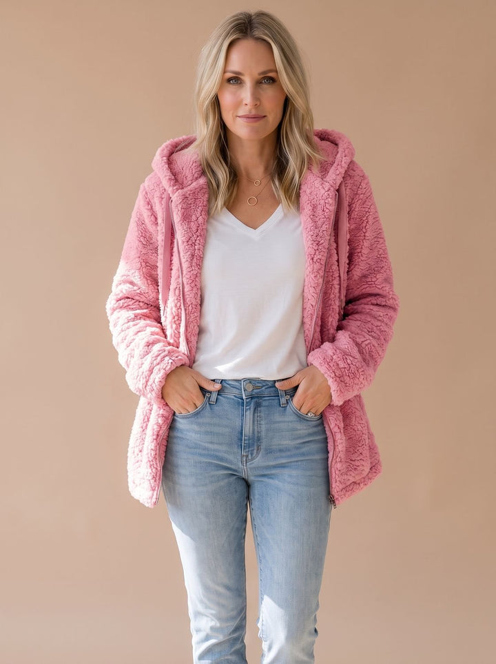 Women's Relaxed Fuzzy Teddy Coat with Hood and Zip