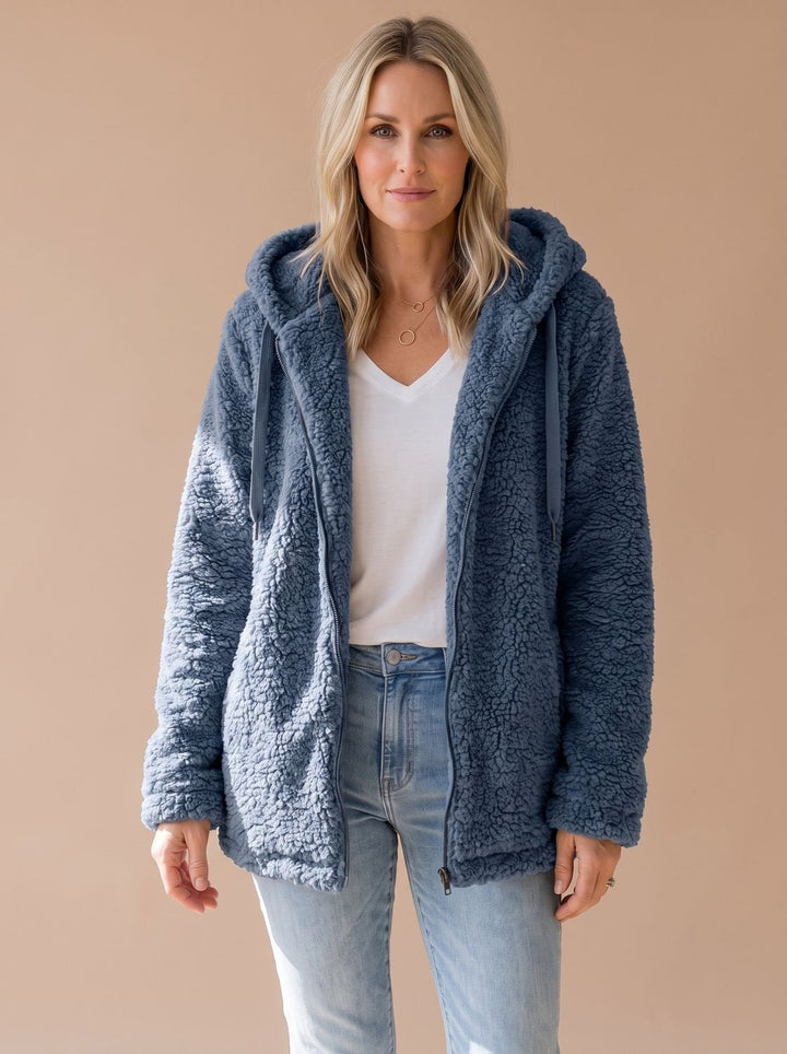 Women's Relaxed Fuzzy Teddy Coat with Hood and Zip