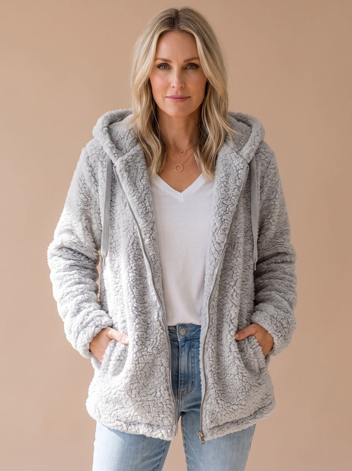 Women's Relaxed Fuzzy Teddy Coat with Hood and Zip
