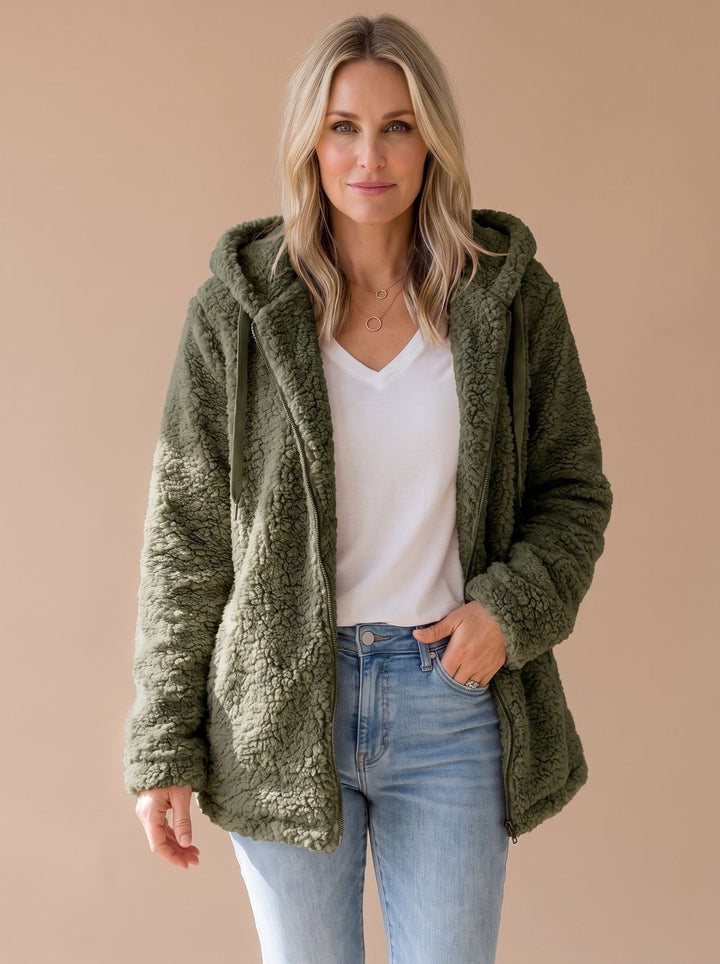 Women's Relaxed Fuzzy Teddy Coat with Hood and Zip