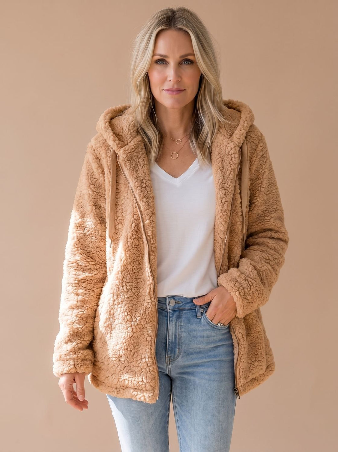 Women's Relaxed Fuzzy Teddy Coat with Hood and Zip