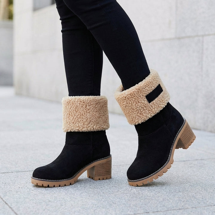 Women's Winter Suede Snow Boots with Sherpa Fold-Over Cuff