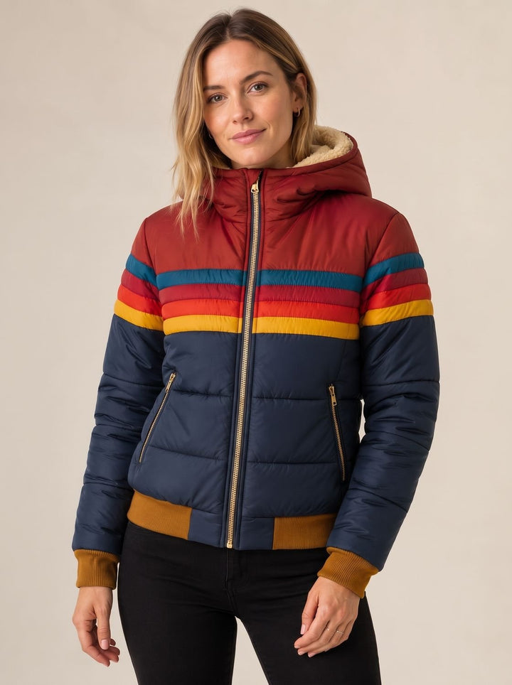 Women's Rainbow Stripe Sherpa Hood Puffer Jacket