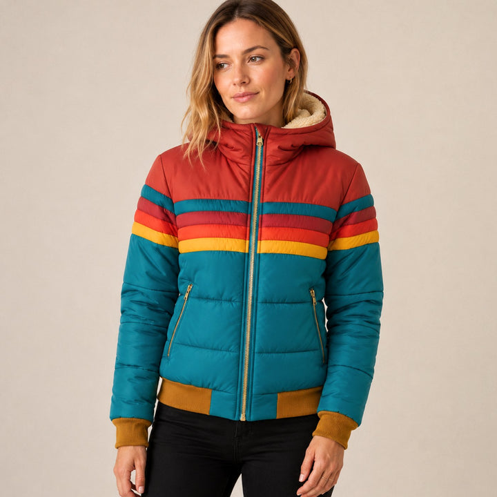 Women's Rainbow Stripe Sherpa Hood Puffer Jacket