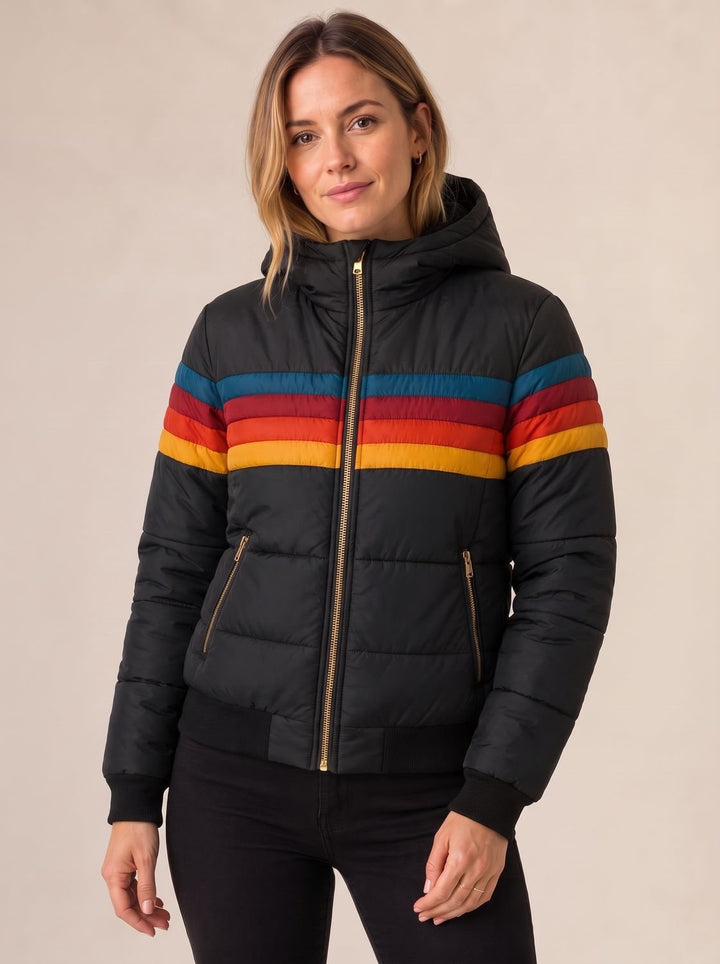 Women's Rainbow Stripe Sherpa Hood Puffer Jacket