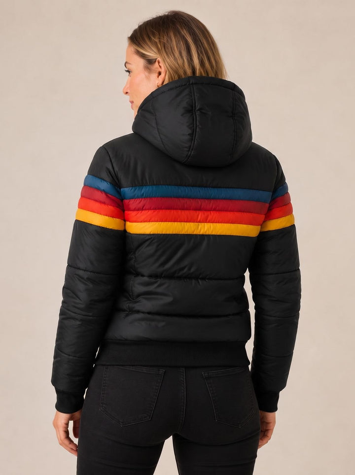 Women's Rainbow Stripe Sherpa Hood Puffer Jacket